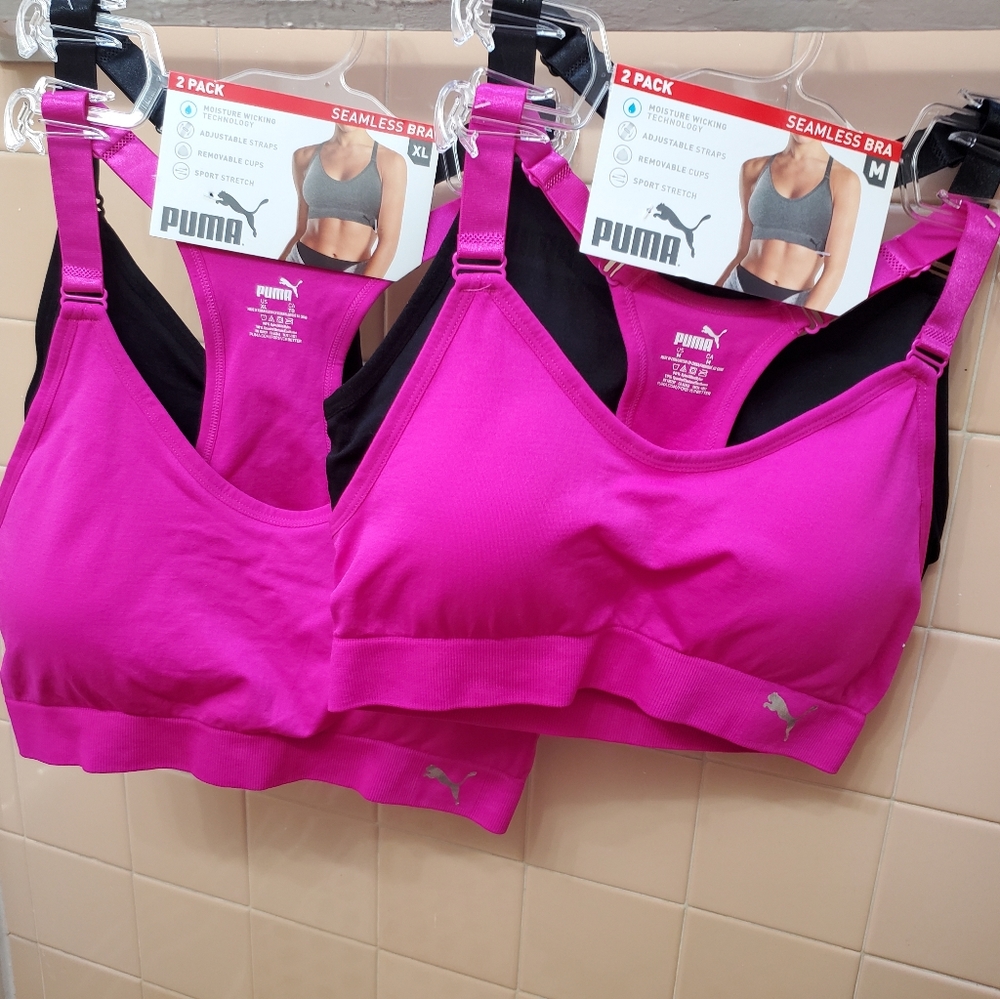 NWT Puma 2Pk Seamless Bra; Pink & Black;M & XL; moisture whisking Technology;$45